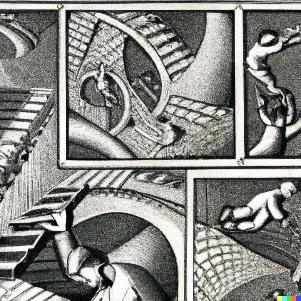 the discovery of gravity, lithography by Escher